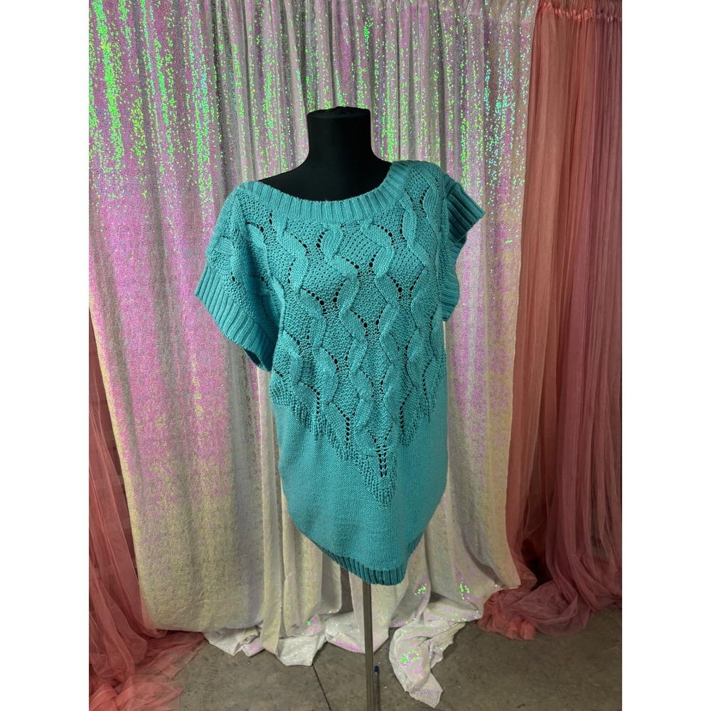 LeRoy Knitwear Womens XL Turquoise Blue Knit Short Sleeve Sweater Vintage